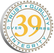 Badge that reads trust quality integrity over 39 years