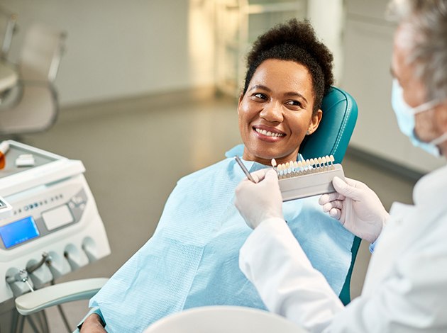 Dentist helping patient pick shade of veneer