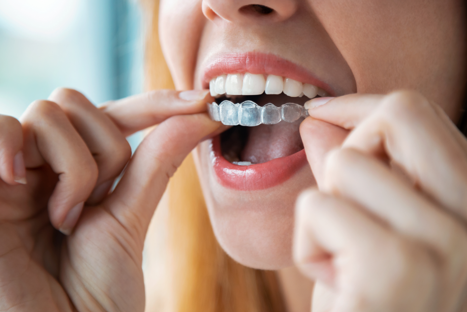 Woman putting on clear aligner